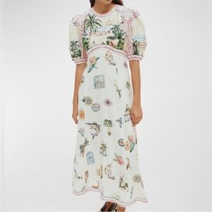 ALEMAIS Sunset Puff-Sleeve Printed Linen Midi Dress
